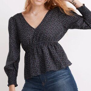 Madewell Tie-Back Peplum Top in Campden Daisies Navy Blue Blouse XL Cotton